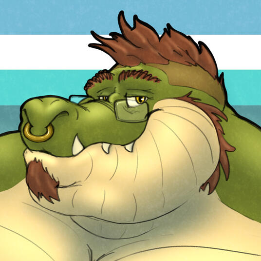 an anthropomorphic alligator man's face. he is chubby with a thick neck and cheeks. his skin is a muted green, with a yellow-cream colored chin, cheeks, and neck. his hair is red-brown, styled into a mohawk with the sides of his head shaved. he also has so